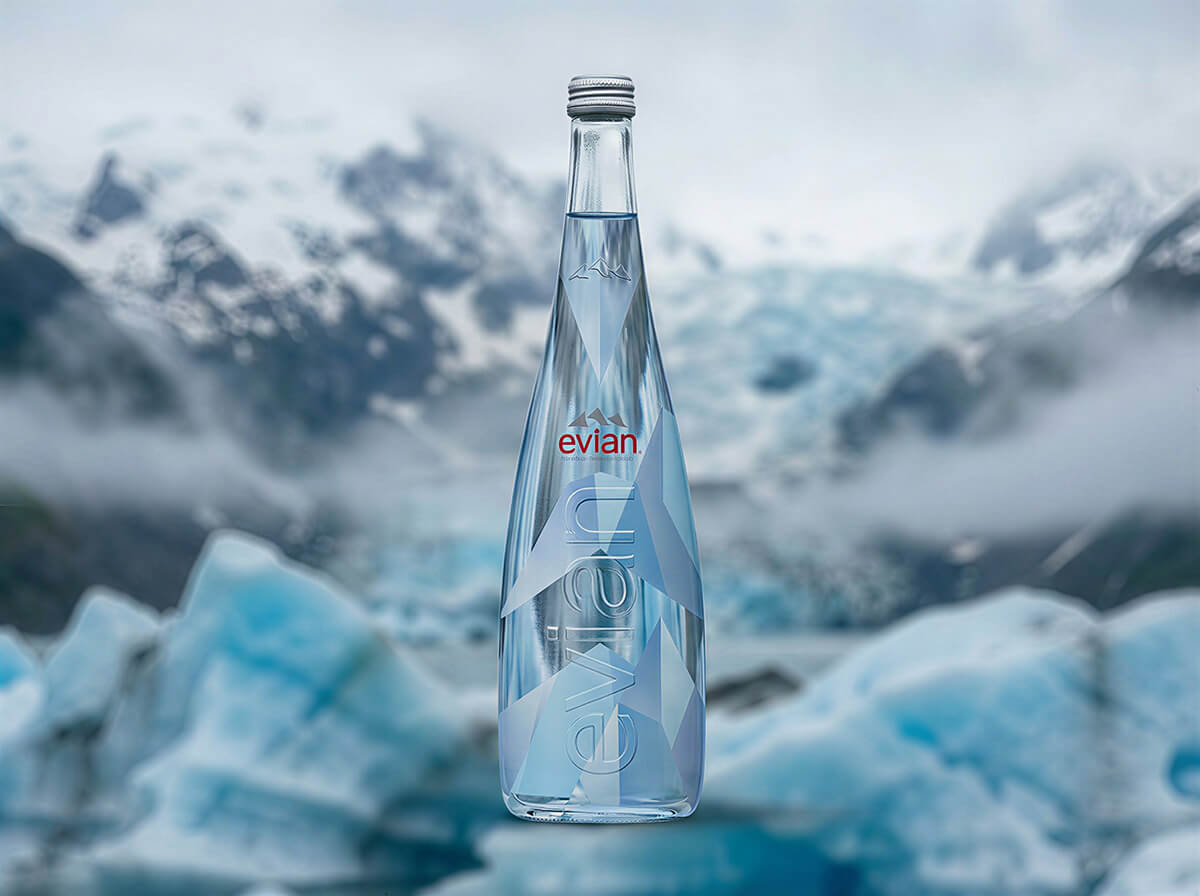 Evian packaging design mockup with landscape background