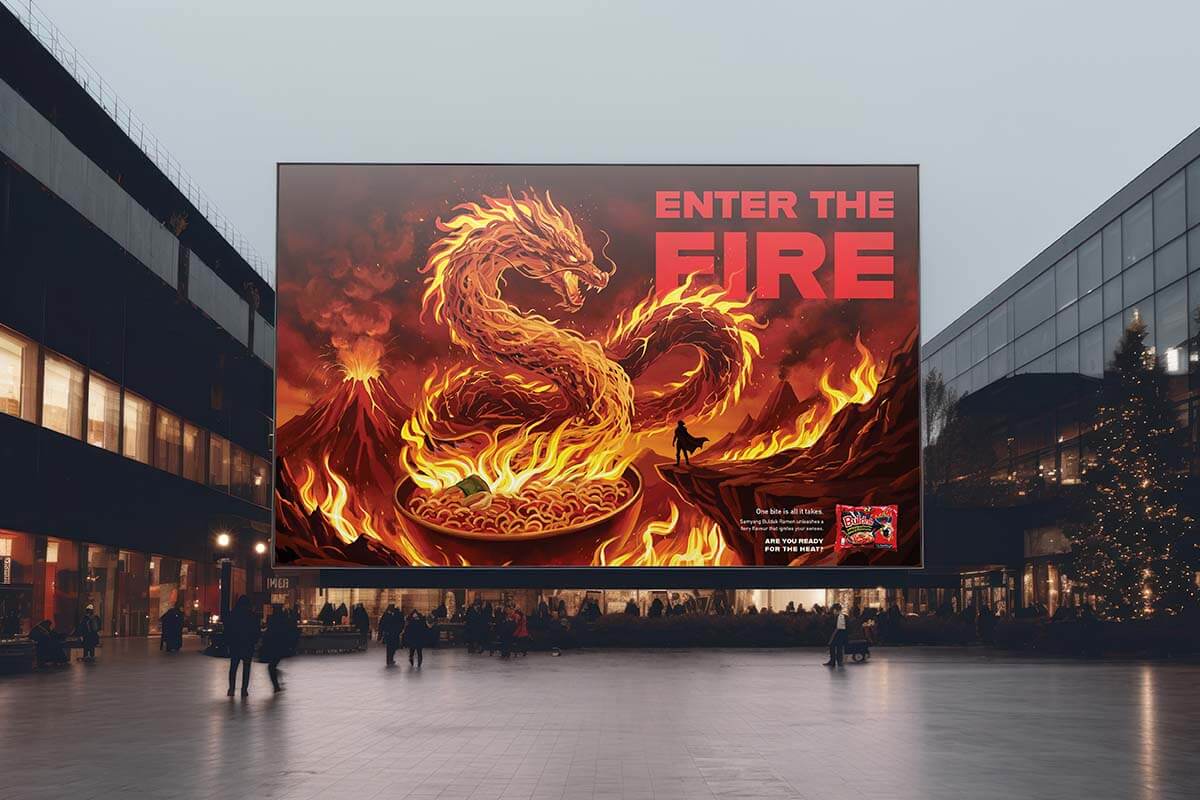 Samyang outdoor advertisement mockup featuring the illustrated campaign
